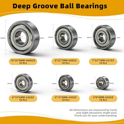 60PCS 6 Sizes Deep Groove Ball Bearings Assortment 608ZZ 693ZZ 695ZZ 626ZZ 627ZZ 6000ZZ Steel Ball Bearing Double Shielded Bearings Pre-Lubricated 3 5 6 7 8 10MM ID for 3D Printers - size: 608ZZ 693ZZ 695ZZ 626ZZ 627ZZ 6000ZZ