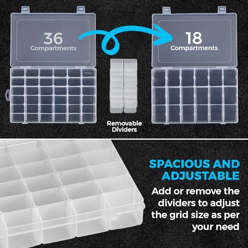 36 Grid Clear Plastic Organizer - Pack of 2- Bead Storage, Craft Organizer, DIY Small Parts Organizer, Jewelry Box, Fishing Tackle Box, Sewing, Nail Storage w/ Adjustable Dividers & 5 Sticker Labels
