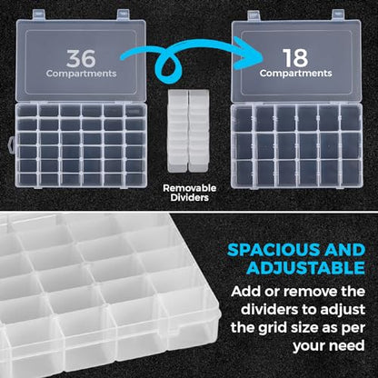36 Grid Clear Plastic Organizer - Pack of 2- Bead Storage, Craft Organizer, DIY Small Parts Organizer, Jewelry Box, Fishing Tackle Box, Sewing, Nail Storage w/ Adjustable Dividers & 5 Sticker Labels