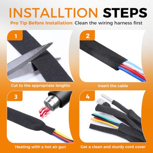2:1 Ratio Automotive Heat Shrink Braided Sleeving 1/2''-26ft | Black 2 in 1 Ratio Wear-Resistant Flat Woven Heat Shrinkable Sleeve Fabric for Car Cable Wires Hoses Cord Protection - size: 1/2"-26ft