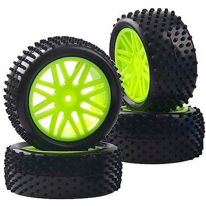 16-Spoke OD 86mm/3.38'' 16-Spoke 12mm Hex Hub Wheel Rims & Rubber Tires Compatible with Redcat Tornado HPI HSP Kyosho Losi 1/10 Scale Off Road Buggy (Green) - color: Green