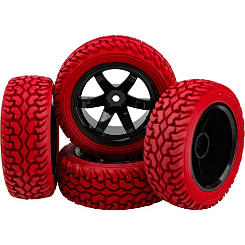 75mm/2.95'' Rubber Tires & Plastic Wheel Rims 12mm Hex Hub Compatible with Traxxas 4tec 2.0 HSP Tamiya HPI Kyosho 1/10 On-Road Touring Car, WLtoys 1/14 144001 RC Buggy (Red) - color: Red