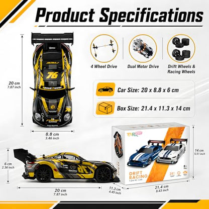 HTURCCOP 1:24 RC Drift 2.4GHz with LED Light, Race Car Toys for Boy Girl 8-12 Years Old, Speed Adjustable 25Km/H,High Speed RC Racing Cars Perfect Toy Gift for Boys & Girls (Yellow) - color: Yellow