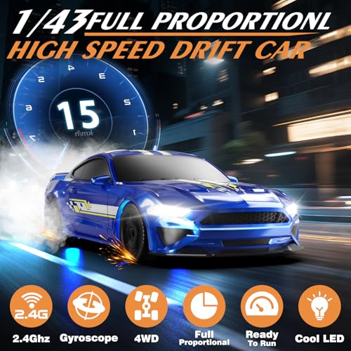 RC Drift Car 1/43 Scale Mini RC Drift Cars with Gyro, 4WD Full Proporitonal High Speed Remote Control Car with LED Lights and Drifting Tires Hobby Racing Cars for Adults Kids Boys Girl, Blue - color: Blue