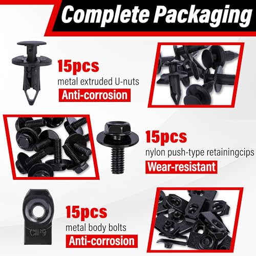 45PCS Engine Under Cover Splash Shield Guard Body Bolts Screws (Black) | Universal Style Bumper Fender Liner Push Retainer Fastener Rivet Clips, Compatible with Most Brand of Vehicles