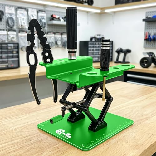 RC Stand Lift Lower with 3-Slot Screw Tray for 1/8 1/10 1/12 Scale, Green | Aluminum RC Car Work Stand Repair Tool Set for RC Cars Crawler Truck Traxxas TRX4 Axial SCX10 Upgrade - color: Green, With 3-slot Screw Tray