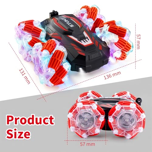RC Stunt Car, Double-Sided 360° Flips, 4WD Gesture Sensing RC Cars with Cool Lights and Music, for Boys Aged 6-12, Great Birthday Presents, Toy Cars (Red) - color: M-red