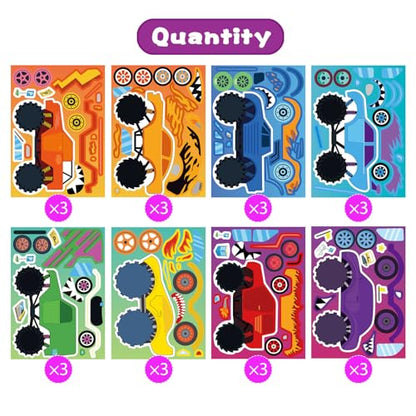 Monster Truck Stickers for Kids, Make Your Own Car Sticker, Car Party Favor | 24 Sheets Classroom Teacher Reward Activities Birthday Gift for Girls Boys, Crafts Goodie Bags Stuffers - style: Monster Truck