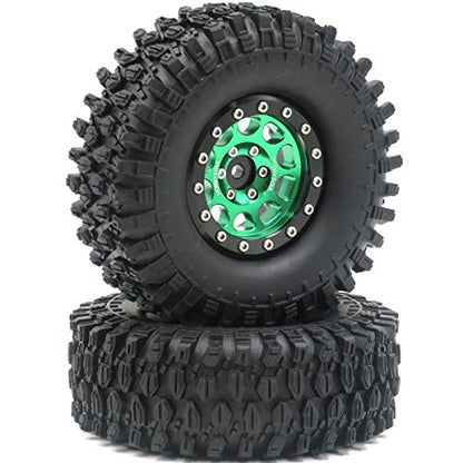 HOBBYSOUL RC Height 108mm/4.25inch Tires Mounted 1.9inch Beadlock Wheels Rims Green Black Color for 1/10 1/12 RC Mud Crawler Truck Axial SCX10 90046 RC4WD D90 TF2 Tamiya CC01,(2-Pack, Assembled)
