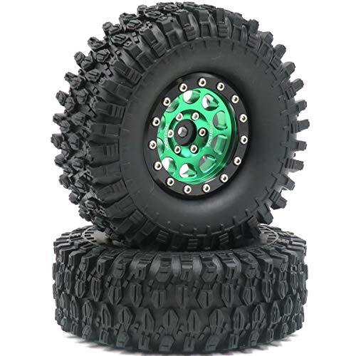 RC Height 108mm/4.25inch Tires Mounted 1.9inch Beadlock Wheels Rims Green Black Color for 1/10 1/12 RC Mud Crawler Truck Axial SCX10 90046 RC4WD D90 TF2 Tamiya CC01,(2-Pack, Assembled)