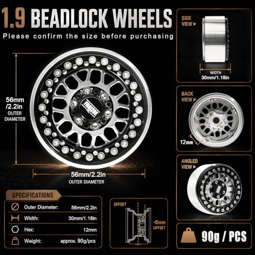 4PCS 1.9" RC Beadlock Wheels with12mm Hex & -6mm Offset Aluminum 30mm Wide Rims for 1/10 RC Crawler, Compatible with TRX4 TRX6 SCX10 SCX10 II III Gen8 RC4WD D90 90046 AXI03007 - color: Black-Silver