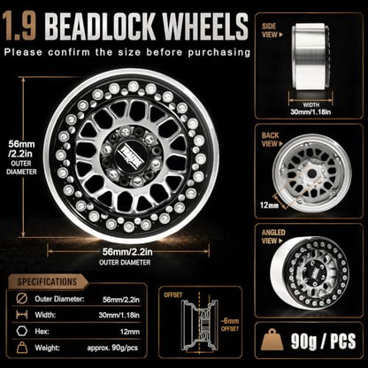 4PCS 1.9" RC Beadlock Wheels with12mm Hex & -6mm Offset Aluminum 30mm Wide Rims for 1/10 RC Crawler, Compatible with TRX4 TRX6 SCX10 SCX10 II III Gen8 RC4WD D90 90046 AXI03007 - color: Black-Silver