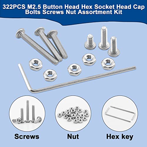 NINDEJIN 322 Pcs M2.5 Small Metric Screw Bolts Assortment, Button Head Socket Cap Screw Bolts and Nuts with Allen Key, M2.5 x 3/4/5/6/8/10/12/16/20 mm Screw Bolt, 304 Stainless Steel Screws and Nuts - size: 322Pcs M2.5 3mm-20mm
