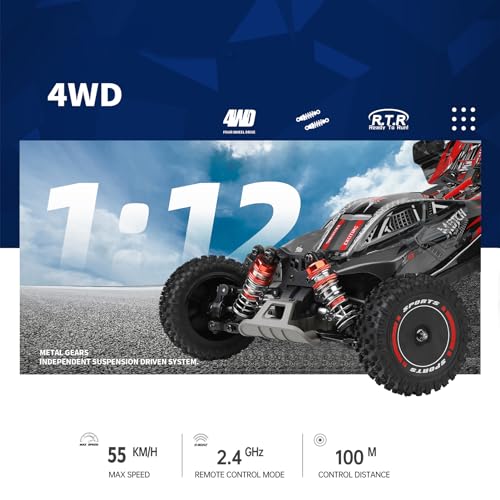 GoolRC WLtoys 124010 RC Cars for Adults, 1:12 Scale Remote Control Car, 4WD 55KM/H High Speed RC Racing Car, 2.4GHz All Terrains Off Road RC Buggy Trucks with 2 Batteries (Orange)