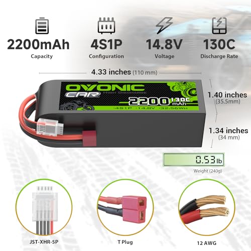 OVONIC 4S LiPo Battery 2200mAh 14.8V 130C RC Battery with Dean-Style T Connector