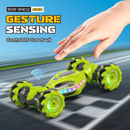 Gesture Sensing RC Stunt Car, Remote Control 2.4GHz 4WD Hand Controlled Car Toys for Boys and Girls Age 6-12, 360° Rotating Drift RC Cars with Lights and Music, Ideal Birthday and Christmas Xmas Gift - color: Green