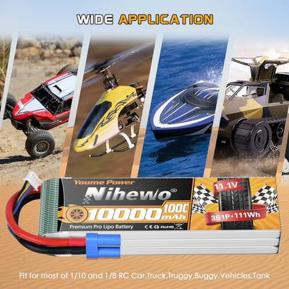 11.1V Lipo Battery 3S 10000mAh 100C EC5 2Packs for RC Car Drone Boat | High-power 100C 3S LiPo pack Soft case EC5 plug for RC cars, trucks, boats, planes & drones, long runtime, durable cells - style: 2x 11.1V 10000mAh