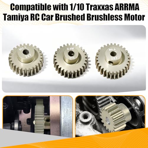 3PCS 0.6 Mod 0.6M Pinion Gear Set 26T 27T 28T, 7075 Aluminum Alloy RC Gears with 3.175mm Bore for 540 550 Brushed Brushless Motors, Fits for 1/10 Tamiya Redcat HSP HPI RC Cars - size: 26 27 28T