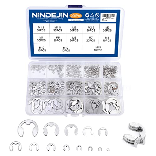 NINDEJIN E-Clip Retaining Rings Assortment Set, 304 Stainless Steel External Snap Ring Clip Kit, 1.2-15mm(13Sizes)E Circlip Retainer Rings for Projects–Car Engines, Locking Mechanisms and Other Shafts | 304 Stainless Steel, External Snap Ring Clip Kit, fo