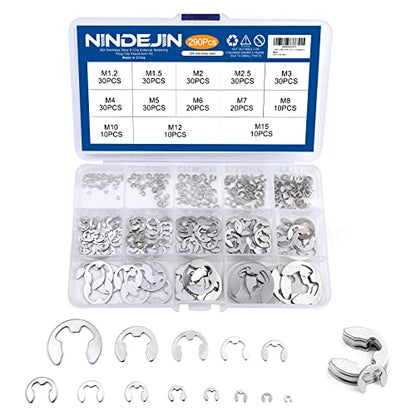 NINDEJIN E-Clip Retaining Rings Assortment Set, 304 Stainless Steel External Snap Ring Clip Kit, 1.2-15mm(13Sizes)E Circlip Retainer Rings for Projects–Car Engines, Locking Mechanisms and Other Shafts | 304 Stainless Steel, External Snap Ring Clip Kit, fo
