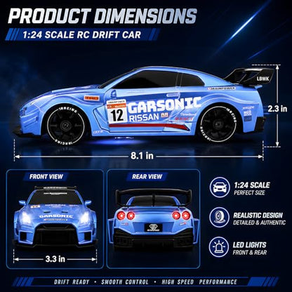 1:24 RC Drift Car for Kids,4WD 2.4GHz 28KM/H High Speed Remote Control Car, Racing Sport Toy Car with LED Lights,Drifting Tires＆Two Batteries (Blue-24G) - color: Blue-24g