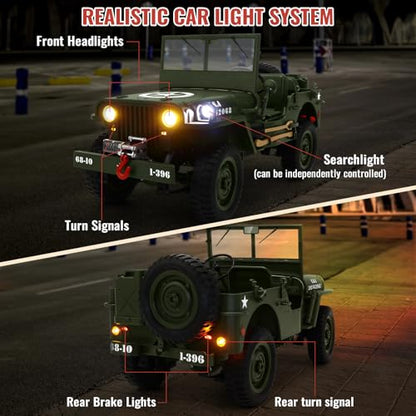 Remote Control Truck Off Road - 4x4 1/10 Scale Willys Army Rock Crawler RC Truck with Winch&Car Cover, 40Mins Play Time All Terrain Offroad RC Car, Military Vehicle Toys for Boys, Radio Controlled Car - color: Army Green