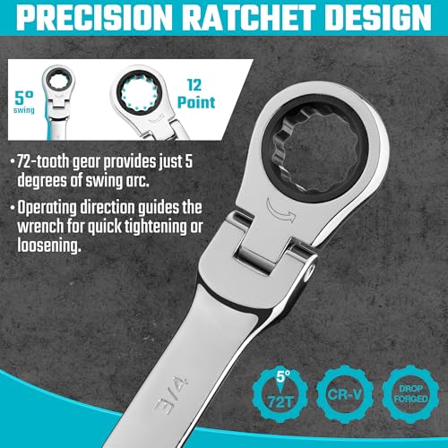 DURATECH Flex Head Ratcheting Wrench Set, 22-piece, Metric & SAE | Combination Wrench Set, 1/4" to 3/4" & 6-18mm, CR-V Steel, Mirror Polished, With Pouch - size: 1/4"-3/4" & 6mm-18mm
