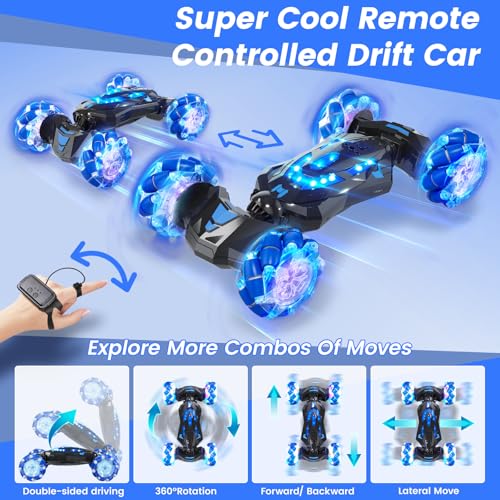 Gesture Sensing RC Stunt Car,Hand RC car Toys Gifts for 5-13 Boys | 4WD Drift Hand Controlled 360° Flips Trick Car with Lights & Music, Toys car is Cool Birthday Gift for Kids Ages 4-12 - color: Blue