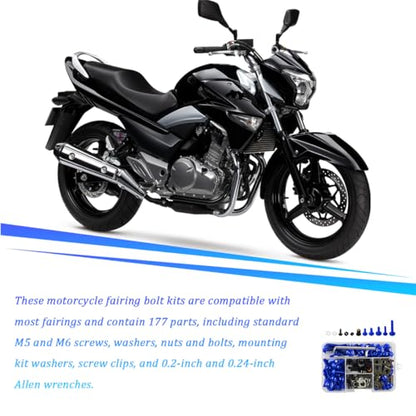 195PCS M5 M6 Motorcycle Fairing Bolt Kits, Stainless Steel Windshield Fairing Screws Fastener, Motorbike Windscreen Bolts Nut Clips Kit, Universal for Dirt Bike Scooters Motocross (Blue) - color: Blue