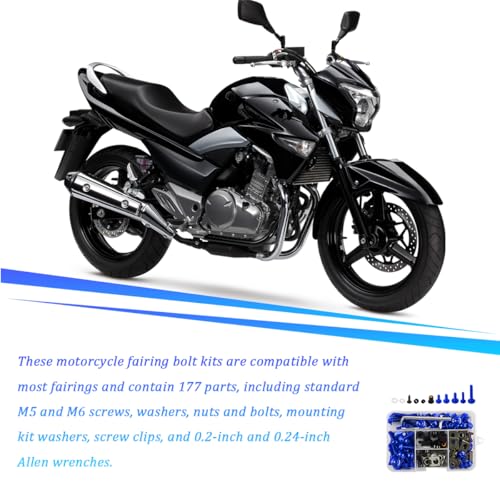 195PCS M5 M6 Motorcycle Fairing Bolt Kits, Stainless Steel Windshield Fairing Screws Fastener, Motorbike Windscreen Bolts Nut Clips Kit, Universal for Dirt Bike Scooters Motocross (Blue) - color: Blue