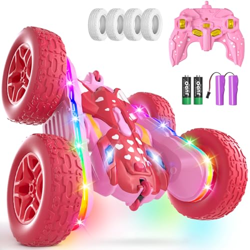 Remote Control Car for Girls, Pink RC Cars Stunt RC Car Girl Toys for Girls Double-Sided 360° Rotating with Headlights 4WD Kid Toys for Birthday Gifts (Pink) - color: Pink