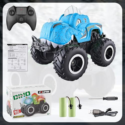 Amphibious Remote Control Car, 1:20 Waterproof Dinosaur Monster Trucks for Boys Age 4-7, 2.4GHz All Terrain RC Cars with 2 Batteries, 360° Rotating Stunt RC Car Toy Birthday Gift for Kids 3-5 - color: Azure Dinosaur Truck