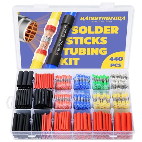 haisstronica 440PCS Solder Seal Connectors Kit with 3:1 Heat Shrink Tubing | Clear Sleeves, Wire Gauge Markings, 6 Diameters, Black and Red Assortment, 1.75-Inch Lengths, Automotive Wiring - size: 440 PCS