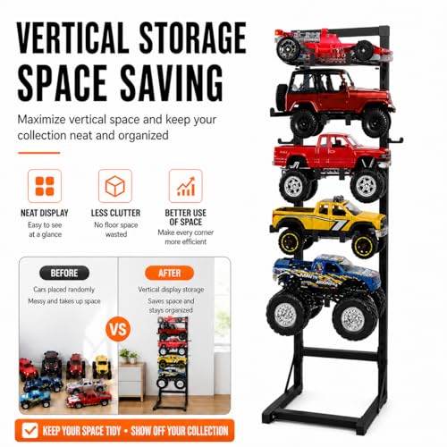 Rc Car Stand Display 5 Tier Metal Storage Rack Shelf Compatible With 1/6 1/10 1/12 1/18 1/24 Scale Crawler Trucks Accessories Multi Layer Model Workstation Organizer Includes 2 Remote Controller Hooks