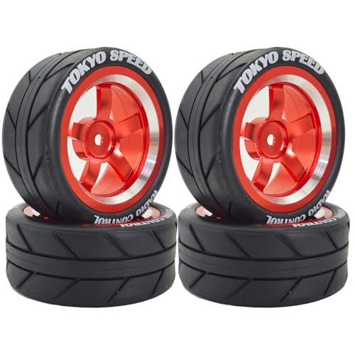 1/10 On Road Racing Tires And 5-Spoke Aluminum Wheels 12mm Hex OD 2.56" RC Touring Tyres For 1:10 Rally Street Drift Car Tamiya TT01 TT02 XV01 A959 PTG2 KYOSHO HSP Traxxas 4PCS (Red) - color: Red