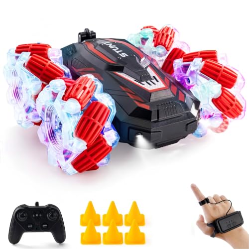 RC Stunt Car, Double-Sided 360° Flips, 4WD Gesture Sensing RC Cars with Cool Lights and Music, for Boys Aged 6-12, Great Birthday Presents, Toy Cars (Red) - color: M-red