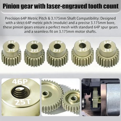 5Pcs 64P Aluminum Alloy Pinion Gear Set 3.175mm 21T 22T 23T 24T 25T Motor Pinion Gear W/ M4 Screw and Hex Key, Fit 3.175mm (1/8-Inch) Shaft, for Arrma HPI Kyosho Losi Axial Traxxas Tamiya 1/10 RC Car - size: 64P-3.175mm-21-25T