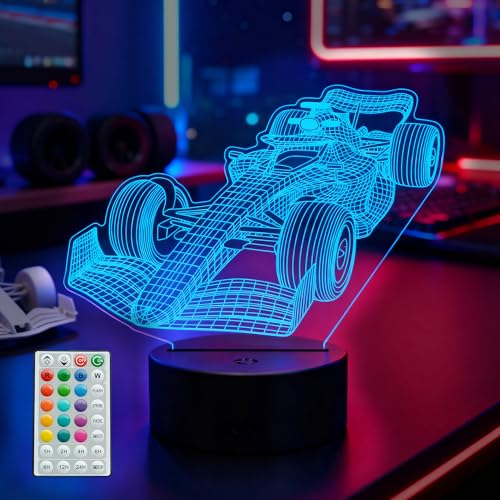 F1 Car Night Light, Formula One Gifts, 3D Illusion Lamp with Remote Control, 16 RGB Colors, 4 Flashing Modes, Timer, Dimmable, Men Boy Racing Car Gifts Room Decoration for Holiday Birthday Christmas - color: Color 10