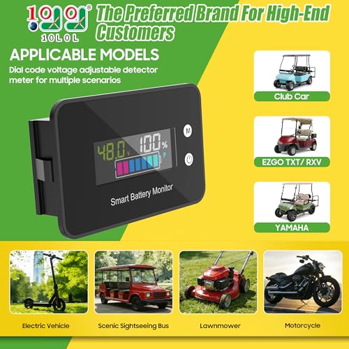10L0L IPX7 Waterproof Golf Cart Battery Monitor with Bracket,7V-100V Tester | 12V 24V 36V 48V 60V 72V Digital Display Lead-acid & lithium-ion Battery Voltage Remaining Capacity Percentage Tester