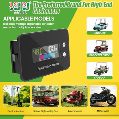 10L0L IPX7 Waterproof Golf Cart Battery Monitor with Bracket,7V-100V Tester | 12V 24V 36V 48V 60V 72V Digital Display Lead-acid & lithium-ion Battery Voltage Remaining Capacity Percentage Tester