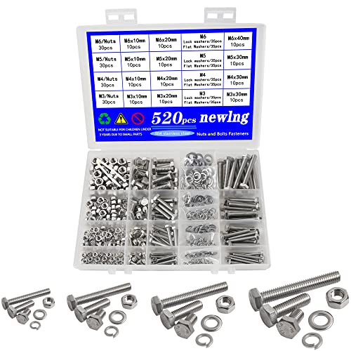 newlng M3 M4 M5 M6 Bolts and Nuts Flat and Lock Washers Assortment Kit 520 PCS Metric 304 Stainless Steel Hex Head Cap Screws Bolts and Nuts Assortment Set Fasteners Bolts Kit with Combination Box - size: F-M3456
