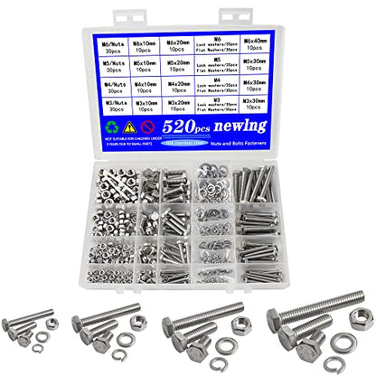 newlng M3 M4 M5 M6 Bolts and Nuts Flat and Lock Washers Assortment Kit 520 PCS Metric 304 Stainless Steel Hex Head Cap Screws Bolts and Nuts Assortment Set Fasteners Bolts Kit with Combination Box - size: F-M3456