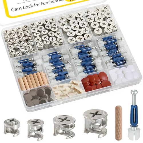 138PCS Cam Locks for Furniture Assortment Kit,3-in-1 Eccentric Hardware Wheels,Furniture Cam Lock Fasteners with Multi-Size Nuts,Bolts,Wood Dowel Pins,Repairing Cabinet,Closet,Drawer