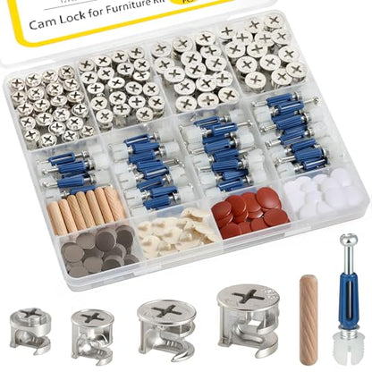 138PCS Cam Locks for Furniture Assortment Kit,3-in-1 Eccentric Hardware Wheels,Furniture Cam Lock Fasteners with Multi-Size Nuts,Bolts,Wood Dowel Pins,Repairing Cabinet,Closet,Drawer