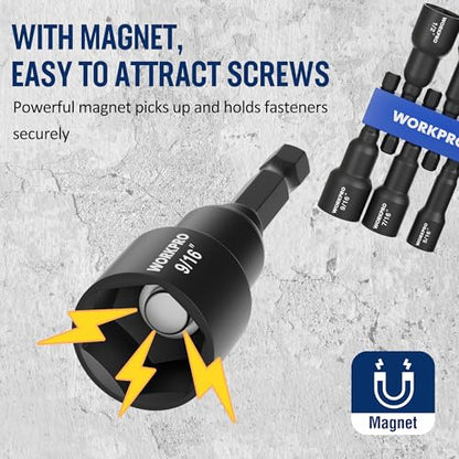 WORKPRO 6 PCS Magnetic Nut Driver Set, 1/4" Hex Shank, CR-V Steel, SAE | Drill Socket Set, Impact Driver Bit Set, 1/4" to 9/16" - size: 6PCS Magnetic Nut Driver Set