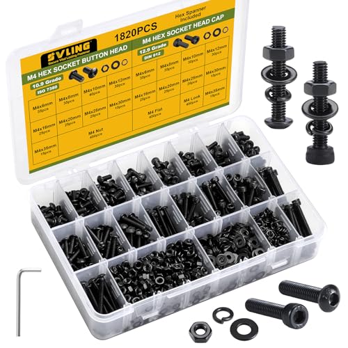 M4 Metric Screw Assortment, 1820PCS M4 x 6/8/10/12/16/20/25/30/35mm Hex Socket Button & Cap Head Screws Nuts Bolts Washer Assortment Kit 12.9 & 10.9 Grade Black Oxide for DIY, 3D Printer - size: M4 1820PCS Button&Socket Black