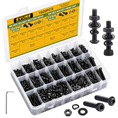 M4 Metric Screw Assortment, 1820PCS M4 x 6/8/10/12/16/20/25/30/35mm Hex Socket Button & Cap Head Screws Nuts Bolts Washer Assortment Kit 12.9 & 10.9 Grade Black Oxide for DIY, 3D Printer - size: M4 1820PCS Button&Socket Black