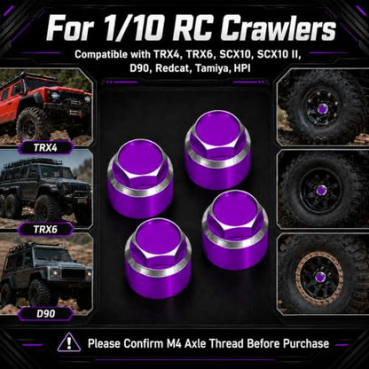 4PCS M4 RC Wheel Nuts, Dustproof Rim Center Cap Hub Nuts for 1/10 TRX4 | Aluminum Wheel Center Cap Nuts with Mini Cross Wrench for TRX4 TRX6 SCX10 SCX10 II D90 Redcat Tamiya HPI 1/10 RC Car, Purple - color: Purple