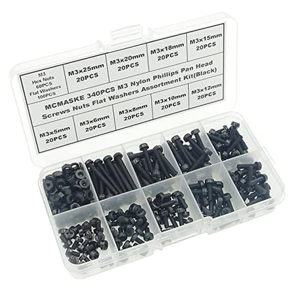 Metric M3 Phillips Pan Head Nylon Screws Nut Washer Assortment Kit,Screws Length:5mm to 25mm(Black) - size: M3
