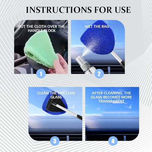 19" Extra-Long Windshield Cleaner Tool & Car Interior Detailing Kit | Extendable Handle and 4 Reusable Microfiber Pads, Streak & Lint-free, Auto Glass Wiper Brush for Car & Home - color: Blue